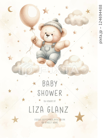 Cute baby shower watercolor invitation card for new born celebration. With plush teddy bear with balloon around clouds and stars. Cute baby shower watercolor invitation card for new born celebration. With plush teddy bear with balloon around clouds and stars. 124694488