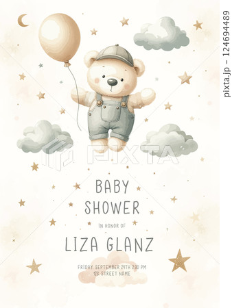 Cute baby shower watercolor invitation card for new born celebration. With plush teddy bear with balloon around clouds and stars. Cute baby shower watercolor invitation card for new born celebration. With plush teddy bear with balloon around clouds and stars. 124694489