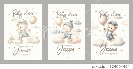 Set of Watercolor New born baby shower invitation. Greeting card with teddy bear, Balloon, clouds and stars. Set of Watercolor New born baby shower invitation. Greeting card with teddy bear, Balloon, clouds and stars. 124694494
