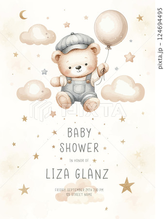 Cute baby shower watercolor invitation card for new born celebration. With plush teddy bear with balloon around clouds and stars. Cute baby shower watercolor invitation card for new born celebration. With plush teddy bear with balloon around clouds and stars. 124694495