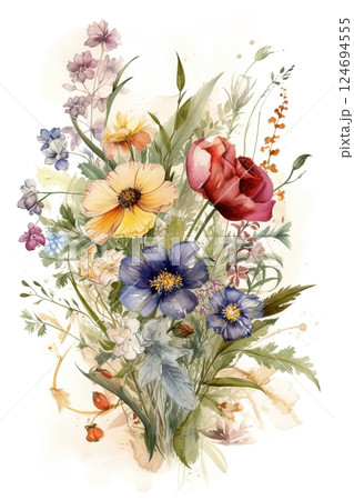 Watercolor colorful wildflowers bouquet on white background 124694555