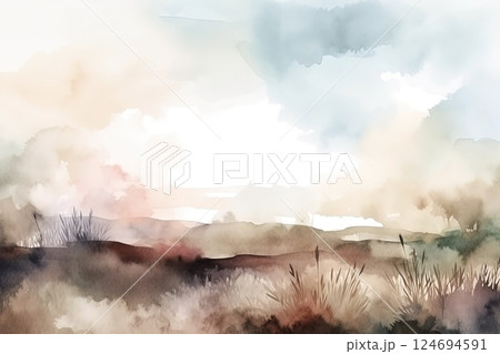 Watercolor neutral minimalist landscape illustration. Invitation, banner, card background Watercolor neutral minimalist landscape illustration. Invitation, banner, card background 124694591