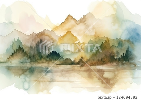 Watercolor neutral minimalist mountains and water landscape illustration 124694592