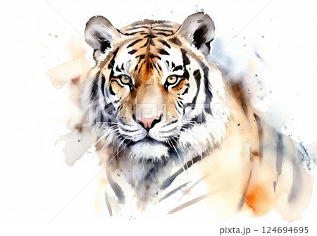 Watercolor tiger portrait illustration on white background 124694695