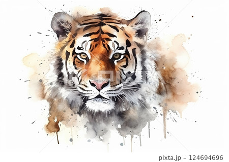 Watercolor tiger portrait illustration on white background 124694696