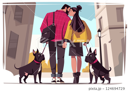 Charming vector illustration of a couple walking two French bulldogs, capturing a joyful moment of companionship. Perfect for pet-related themes, lifestyle content, and family-oriented projects. 124694729