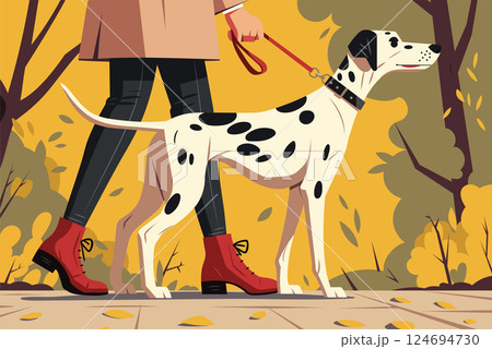 A vibrant vector illustration scene featuring a stylish person walking their elegant Dalmatian. Colorful leaves surround them, creating a warm and inviting atmosphere perfect for pet lovers. 124694730