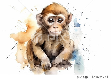 Watercolor monkey portrait illustration on white background 124694731