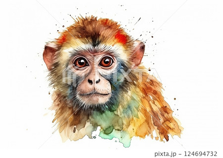 Watercolor monkey portrait illustration on white background 124694732