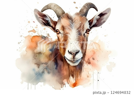 Watercolor goat portrait illustration on white background 124694832