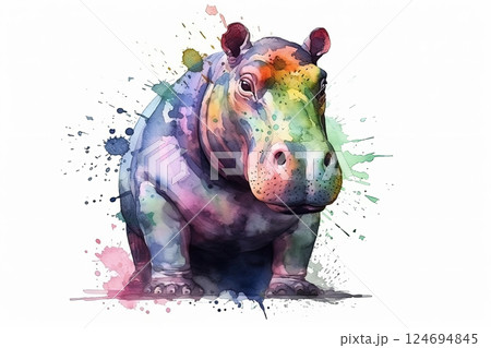 Watercolor hippo illustration on white background 124694845