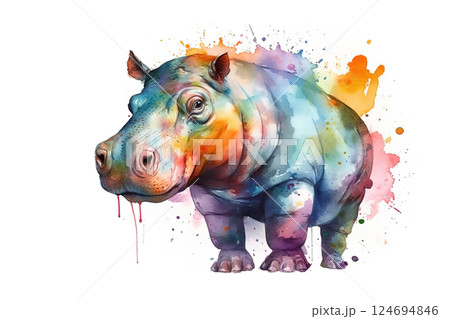 Watercolor hippo illustration on white background 124694846