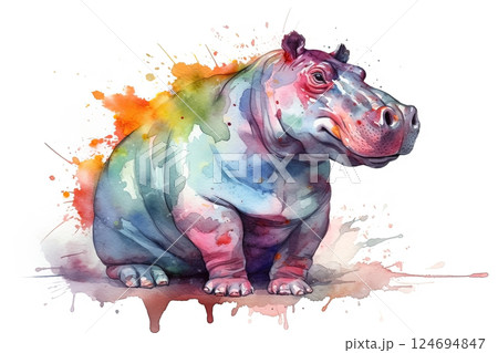 Watercolor hippo illustration on white background 124694847