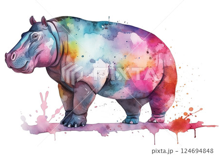 Watercolor hippo illustration on white background 124694848