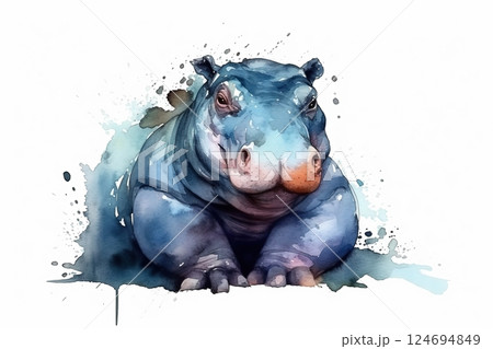 Watercolor hippo illustration on white background 124694849