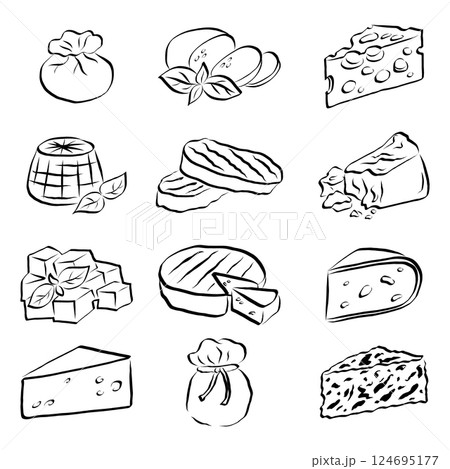 Hand drawn different types of cheese set. Line icon collection. Mozzarella, Parmesan. Feta, Brie. Gouda, Cheddar. Ricotta, Burrata. Roquefort, Scamorza. Cartoon icons collection. Vector illustration 124695177