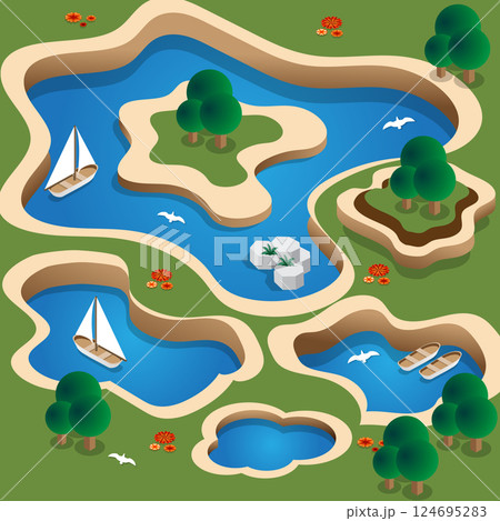 Natural landscape. Lake. Isometric. Vector illustration. 124695283
