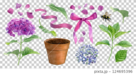 Watercolor set of hydrangea, flower pot, petals, bumblebee, branch, leaves and pink bow isolated on white background. Good for postcards, invitations, greeting cards. Watercolor set of hydrangea, flower pot, petals, bumblebee, branch, leaves and pink bow isolated on white background. Good for postcards, invitations, greeting cards. 124695396