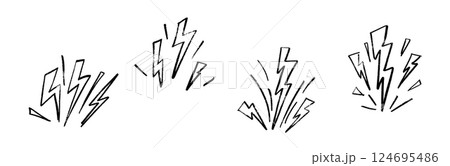 Thunder bolt doodle with hand-drawn lightning flash. Electric energy icon in sketch style. Flat vector illustration isolated on white background. Thunder bolt doodle with hand-drawn lightning flash. Electric energy icon in sketch style. Flat vector illustration isolated on white background. 124695486