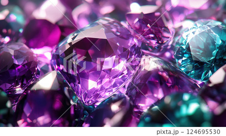 Many purple and blue shiny diamonds, closeup view. 124695530