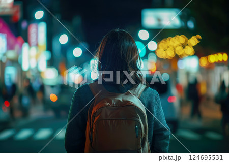 Back view unrecognizable female carrying backpack strolling on urban city street. 124695531