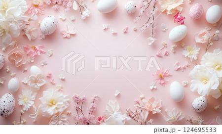 Cute Easter composition with eggs and plants on a pink background. 124695533