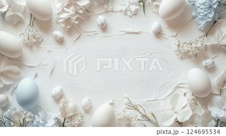 Cute easter composition with eggs and plants. Copy space, flat lay. 124695534