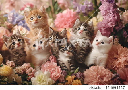 Many adorable little kittens posing amidst colorful flowers. 124695537