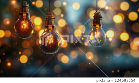 Pendant light bulbs hang from the ceiling in a living room 124695554