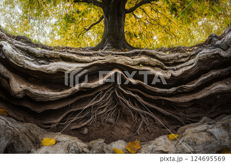 Tree with roots in soil, soil cross section. 124695569