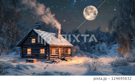 Winter landscape with wooden house, starry sky and the full moon. 124695632