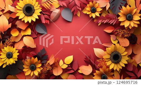 A flat lay composition of colorful paper cut autumn leaves and sunflowers. Copy space. 124695716