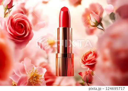 A lipstick is surrounded by red rose flowers. A lipstick is surrounded by red rose flowers. 124695717