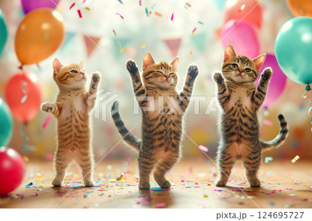 Festive background with a dancing cats for birthday or new year. Festive background with a dancing cats for birthday or new year. 124695727