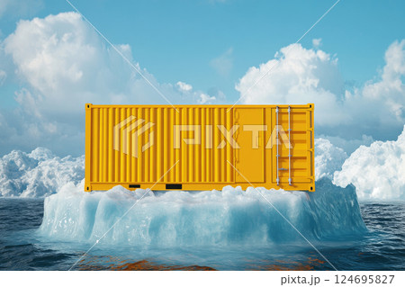 An yellow shipping container as temporary home on a melting iceberg, live in the wild concept. 124695827