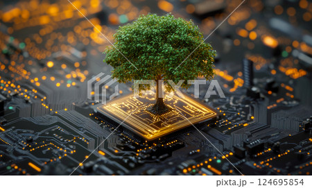 A miniature tree  growing on computer circuit board. Green IT - Green computing. 124695854