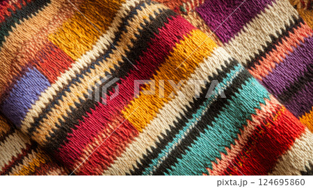 Close-up view of multicolored woven fabric, seamless background. 124695860