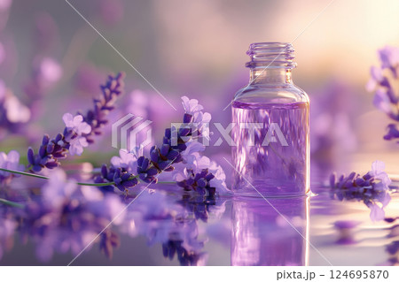 Lavender essential oil in glass bottle with lavender flowers. 124695870
