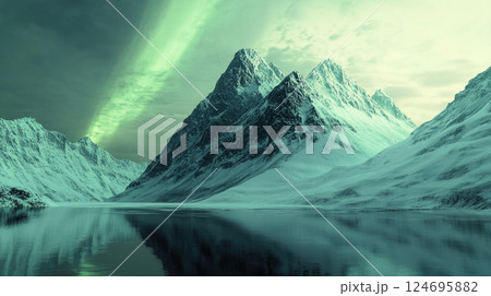 Northern lights over the snowy mountains with reflection in water. Aurora borealis and snowy rocks. 124695882