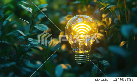 A bright glowing Wifi symbol inside light bulb on a green plants background. 124695883
