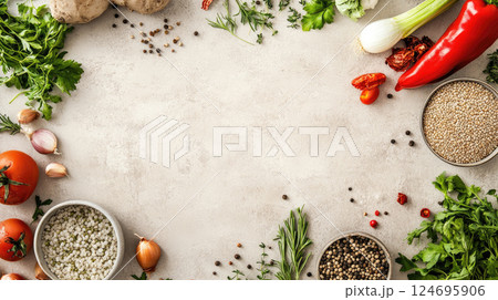 Different fresh vegetables, fruits and herbs on white stone table. 124695906