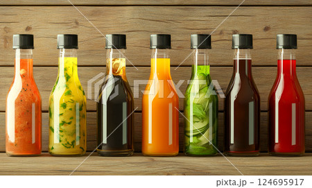 Bottles with different sauces for salad on wooden background. 124695917