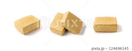 Tofu Cheese Isolated, Smoked Vegan Cheese Slice, Sliced Soya Bean Curd, Soy Protein or TSP Tofu Cheese Isolated, Smoked Vegan Cheese Slice, Sliced Soya Bean Curd, Soy Protein or TSP 124696145