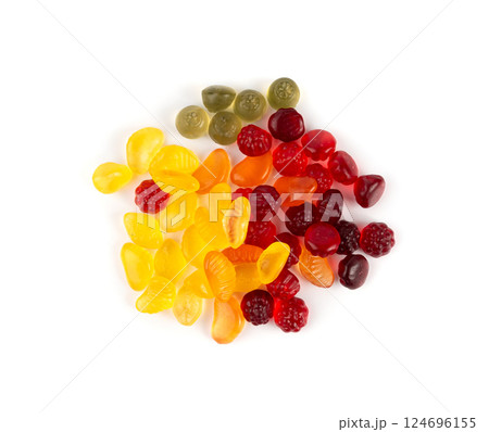 Fruit gummy candy pile isolated, vegan chewing marmalade pills, jelly gumdrops heap 124696155