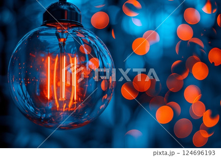Vivid radiance of an incandescent lamp against a deep blue saturated background in close up 124696193