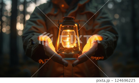 Person Holding A Luminous Kerosene Lamp In Hands At Dusk In Forest. Light, Hope, And Warmth Concept. 124696225