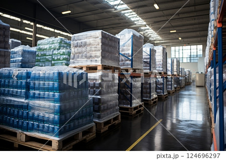 Efficient warehouse: high racks, supervisory monitoring aisles for streamlined storage Efficient warehouse: high racks, supervisory monitoring aisles for streamlined storage 124696297