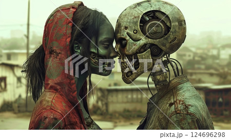 Post-apocalyptic Love Cyborg Couple Embraces, Symbolizing Hope Amidst Ruin and Transformation. Post-apocalyptic Love Cyborg Couple Embraces, Symbolizing Hope Amidst Ruin and Transformation. 124696298