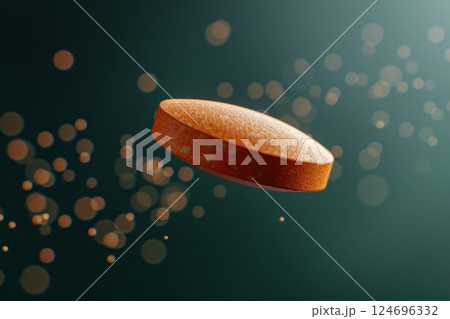 Dynamic close up of an orange medicine pill tablet against a dark green background Dynamic close up of an orange medicine pill tablet against a dark green background 124696332