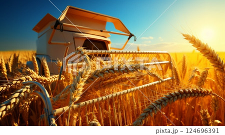 Beautiful panoramic landscape of ripe wheat field being harvested by combine and machinery in summer 124696391